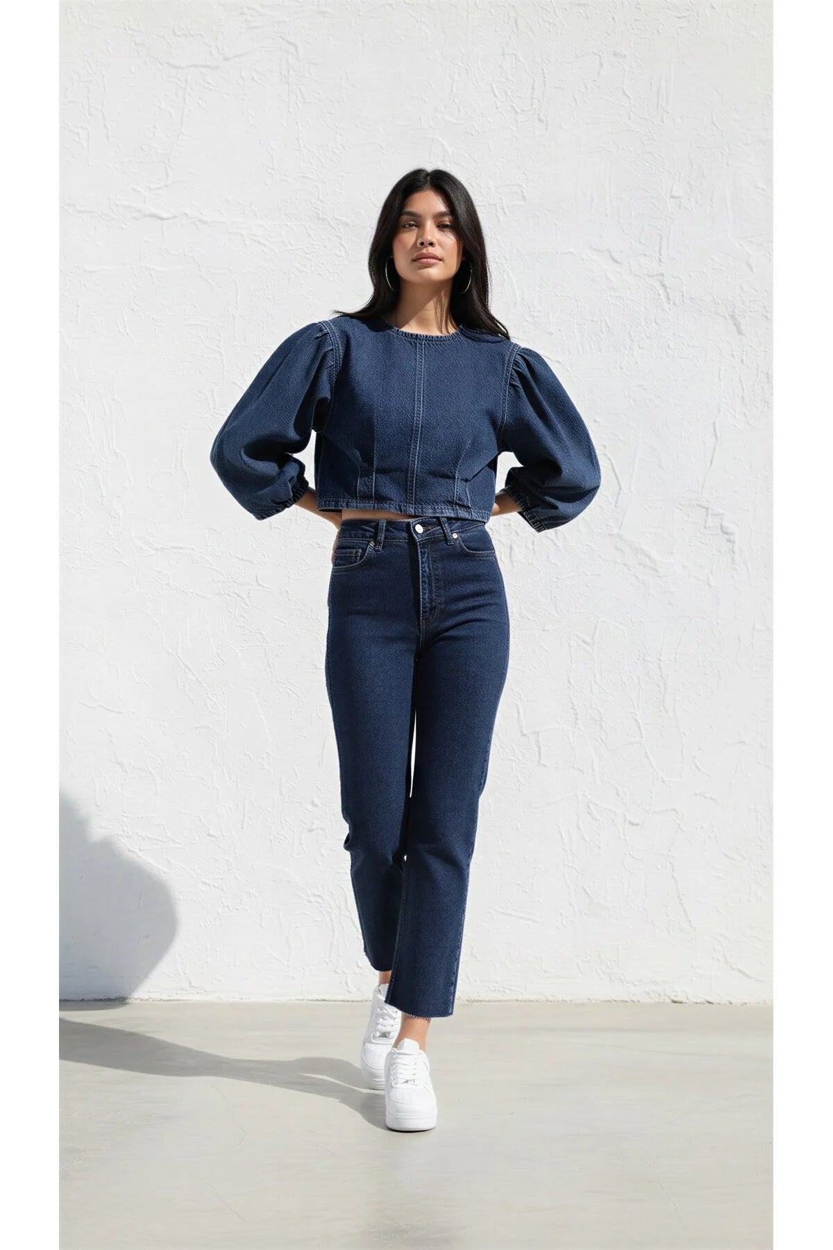 Kesik Paça Mom Fit Denim Pantolon Lacivert 764