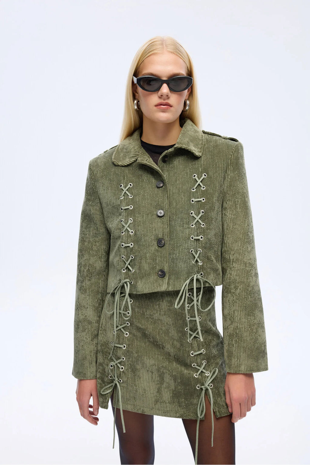 Bağcıklı Kadife Fitilli Crop Ceket Haki 1039