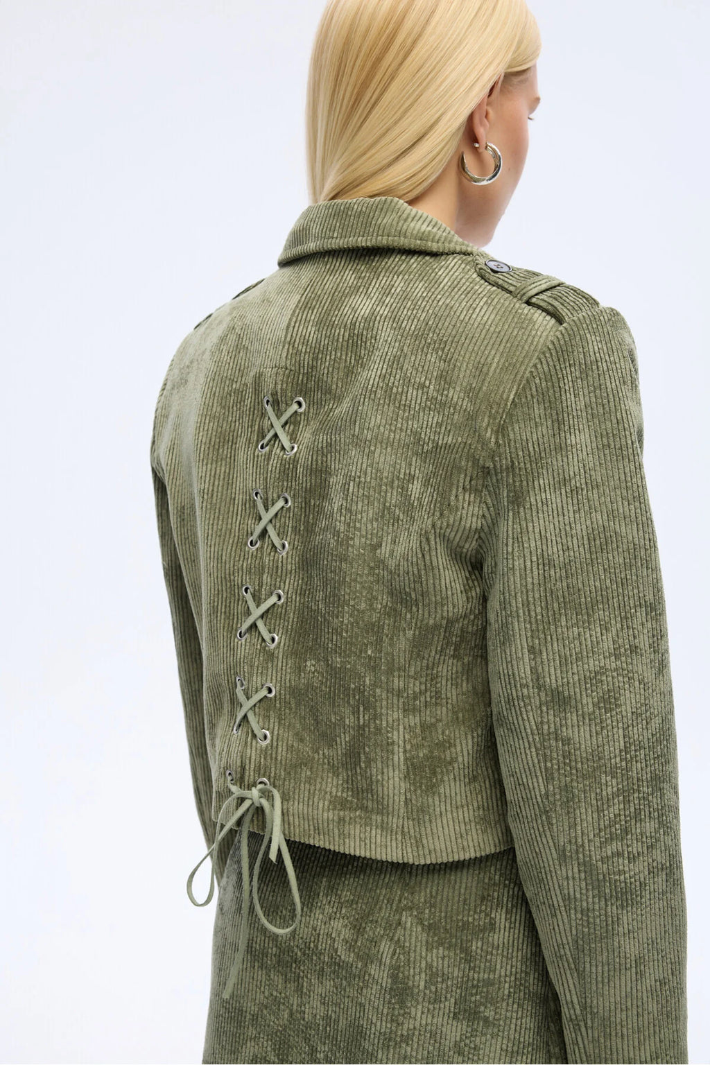 Bağcıklı Kadife Fitilli Crop Ceket Haki 1039