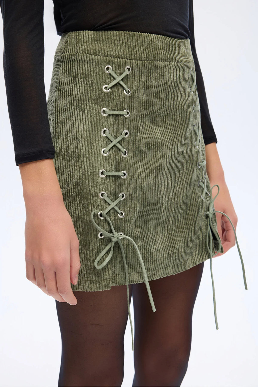 Bağcıklı Kadife Fitilli Mini Etek Haki 1038