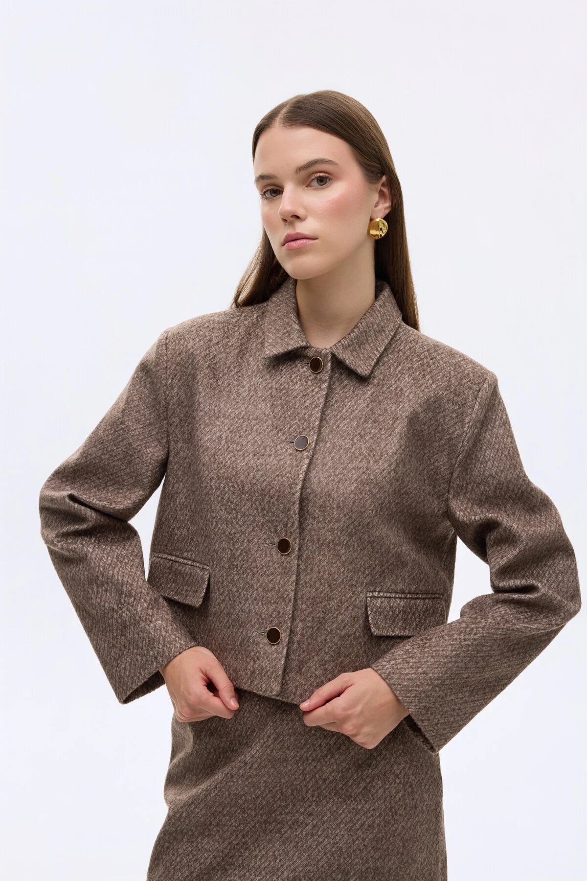 Dokulu Kapak Cepli Düğmeli Ceket Kahverengi 1020