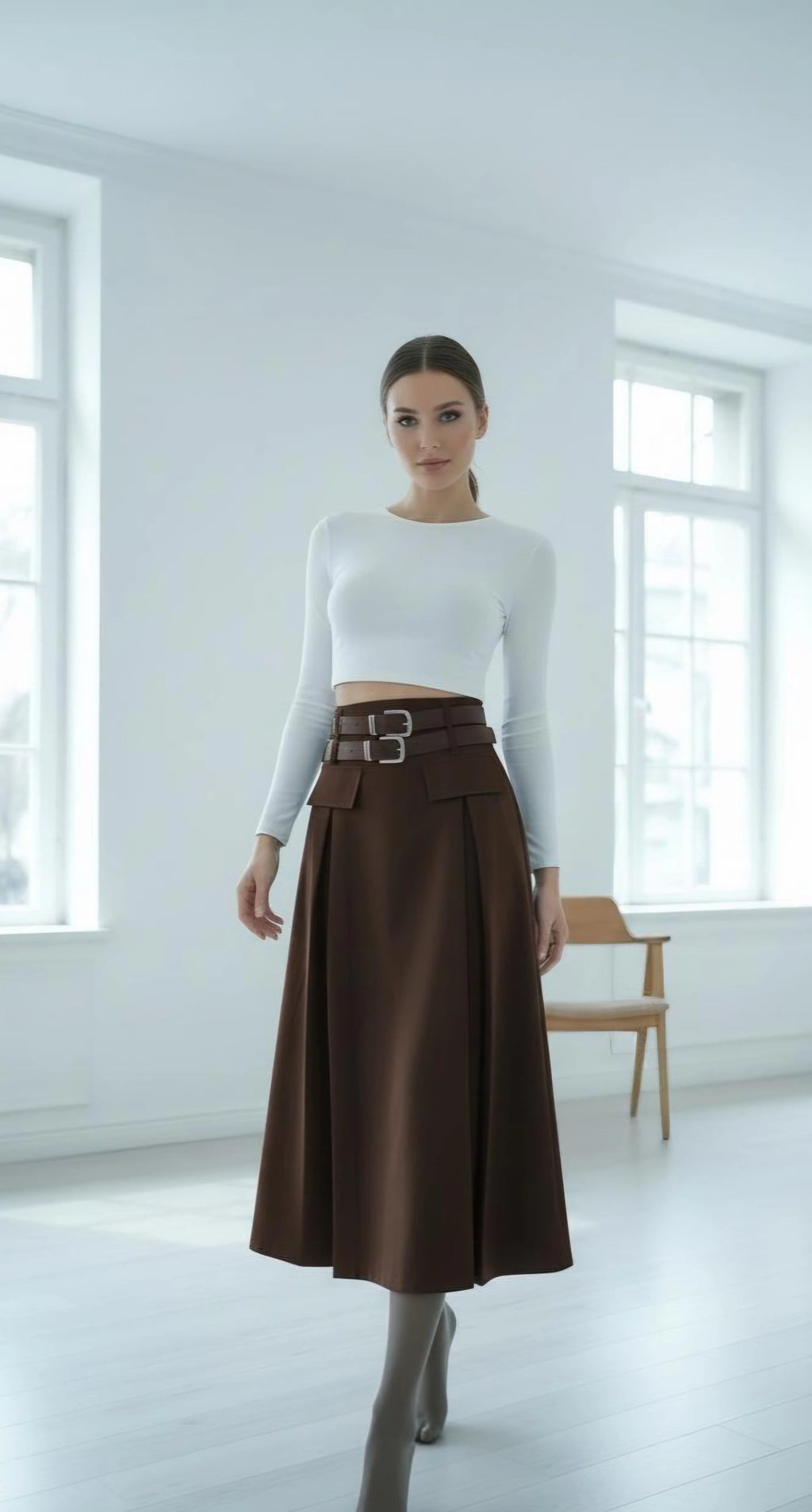 Çift Kemerli Midi Boy Etek Kahverengi 9547